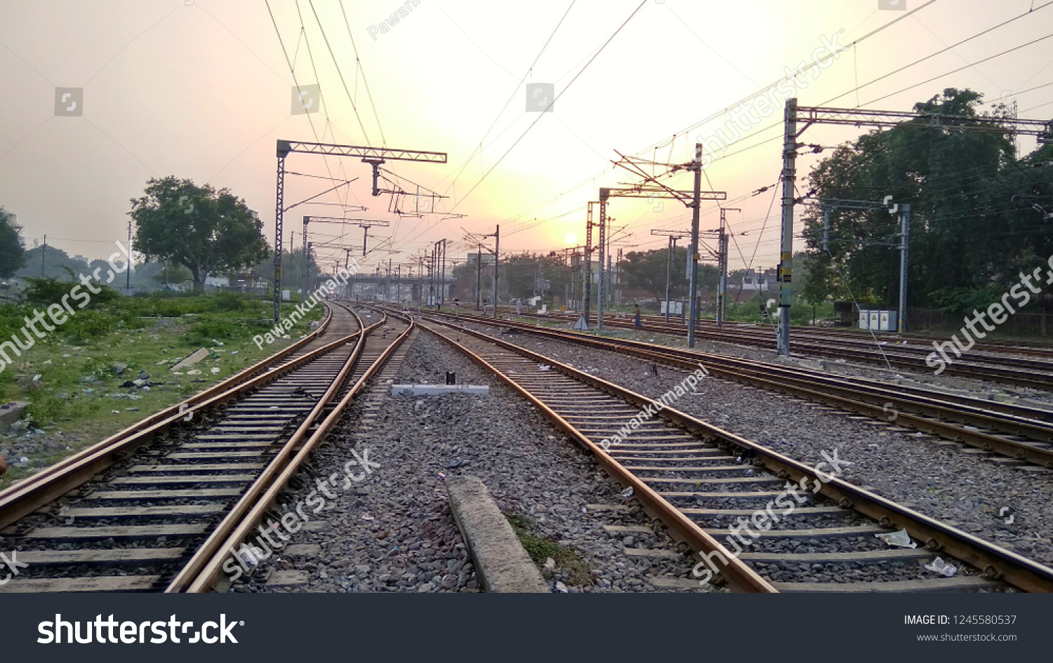 Rail tracks and wonderful sunrise #1245580537