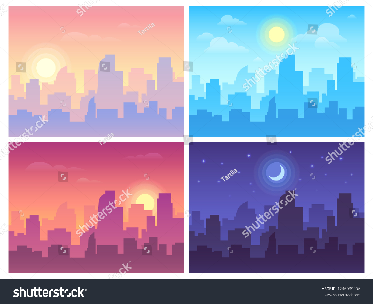 Daytime cityscape. Morning, day and night city skyline landscape, town buildings in different time and urban cityscape town sky. Architecture silhouette vector background collage set