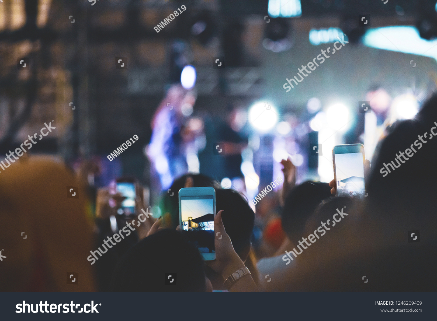 Hand with a smartphone records live music festival, Taking photo of concert stage, live concert, music festival #1246269409