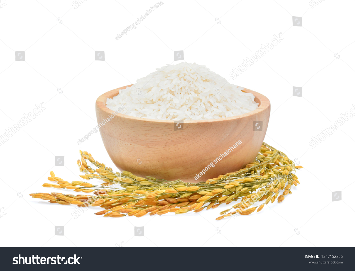 white rice (Thai Jasmine rice) in the wooden bowl and unmilled rice isolated on white background #1247152366