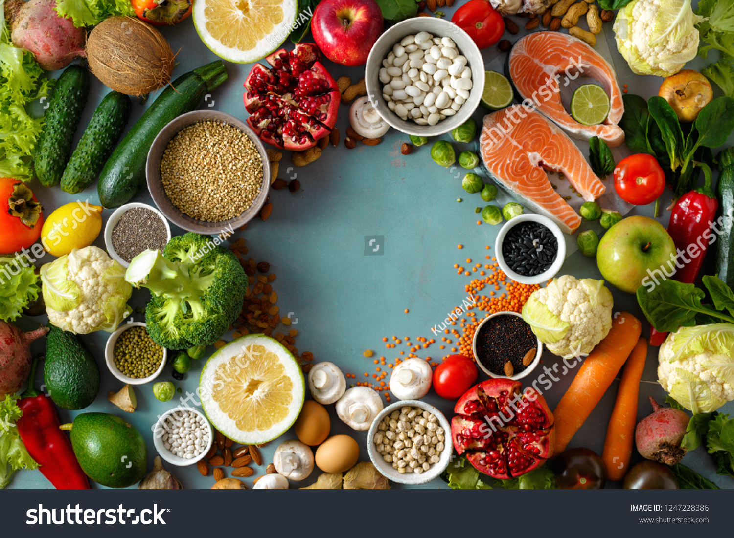 Top view frame of healthy and diet food (cereals, seeds, fish, vegetables and fruits). Healthy and diet menu of restaurant concept #1247228386