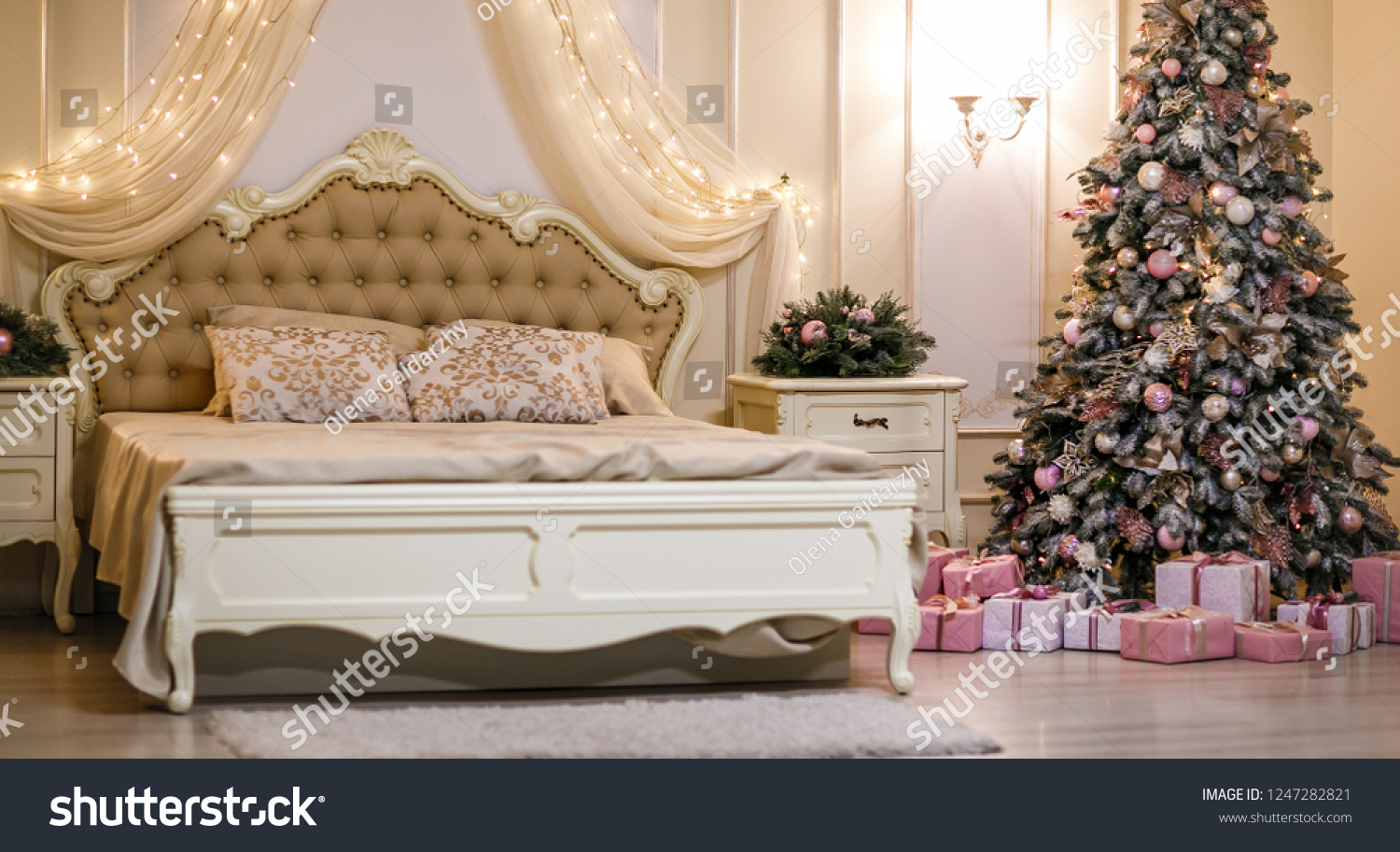 Bedroom with beige bed  and Christmas tree. Christmas interior. #1247282821