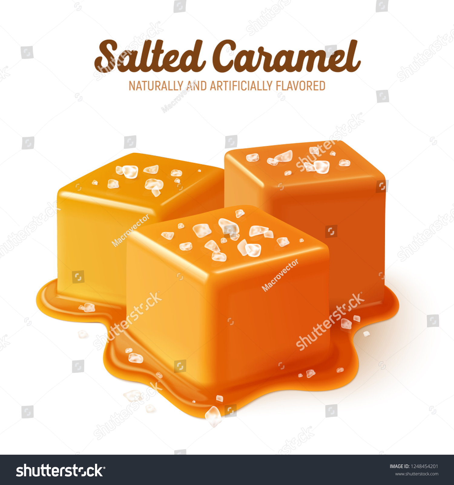 Colored and realistic salted caramel composition with naturally and artificially flavored headline vector illustration #1248454201