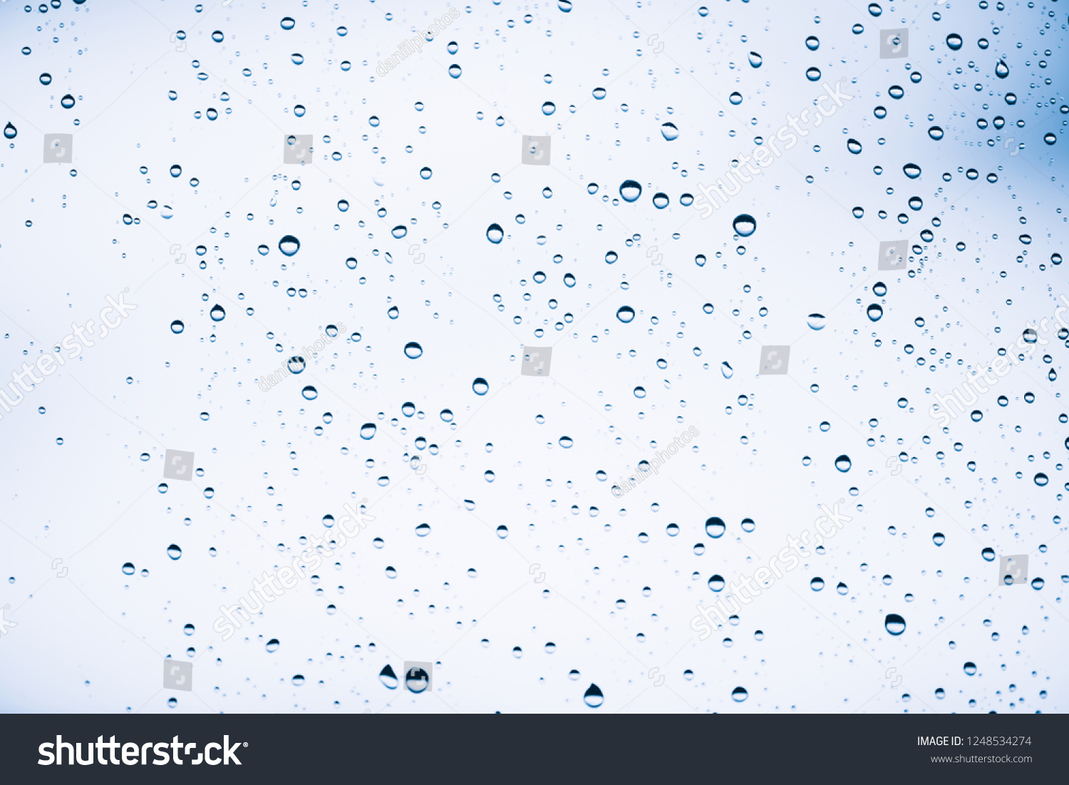 Dirty window glass with drops of rain. Atmospheric blue light background with raindrops. Droplets and stains close up. Detailed transparent texture in macro with copy space. Rainy weather. #1248534274