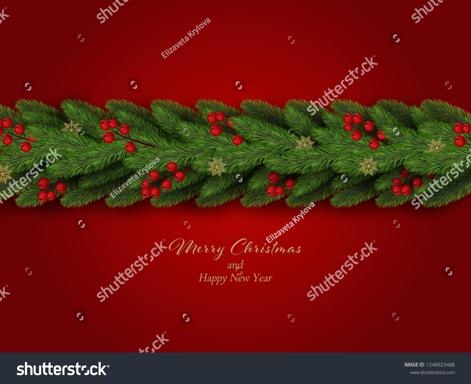 Christmas border. Winter holiday background with decorative border of realistic christmas tree branches with red berries and snowflakes. Vector illustration #1248923488