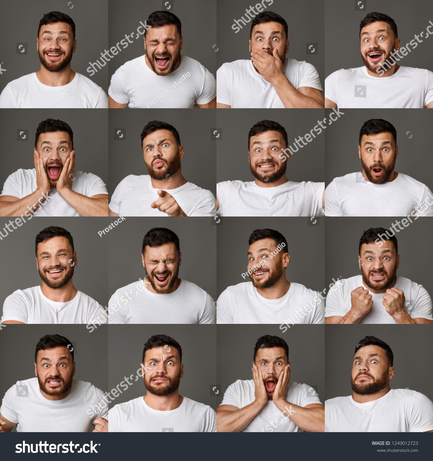 Collage of young man expressing different positive and negative emotions #1249012723