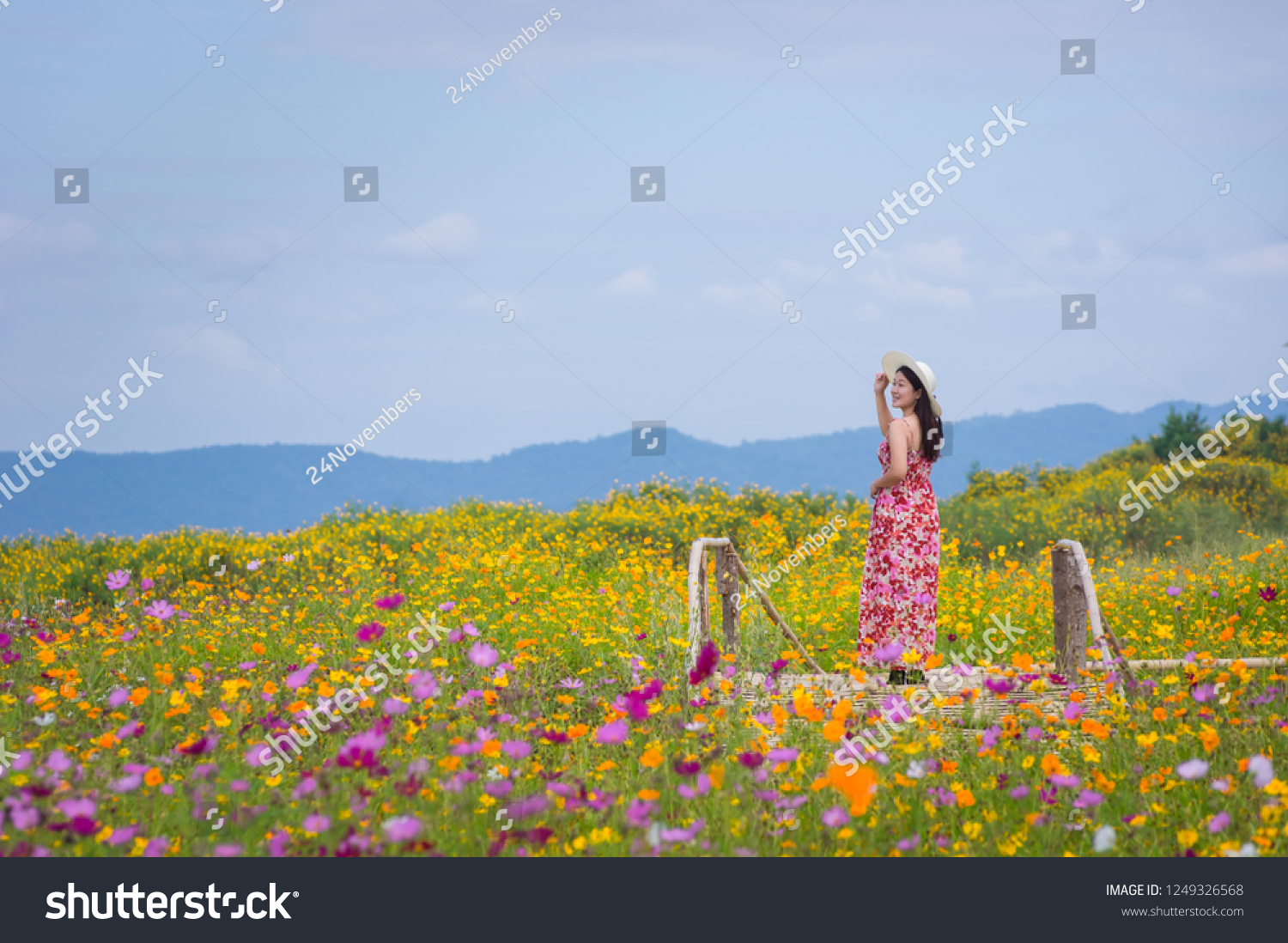 Beautiful woman in nature flower, Her wear white dresses and red hat in Tung Bua Tong Mexican sunflower field in Mae Moh Coal Mine, Lampang Province, Thailand. #1249326568