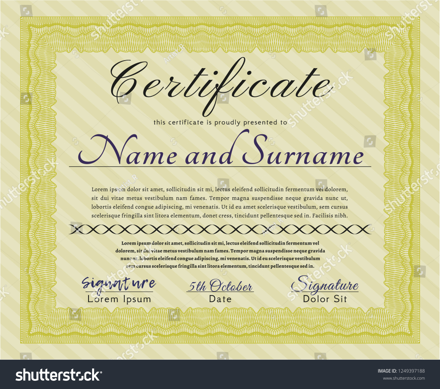 Yellow Diploma template or certificate template. Retro design. Detailed. With complex linear background.  #1249397188