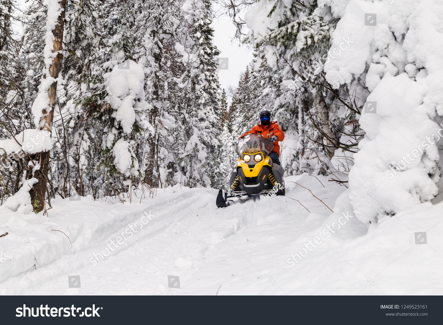 Athlete on a snowmobile moving in the winter forest in the mountains of the Southern Urals. #1249523161
