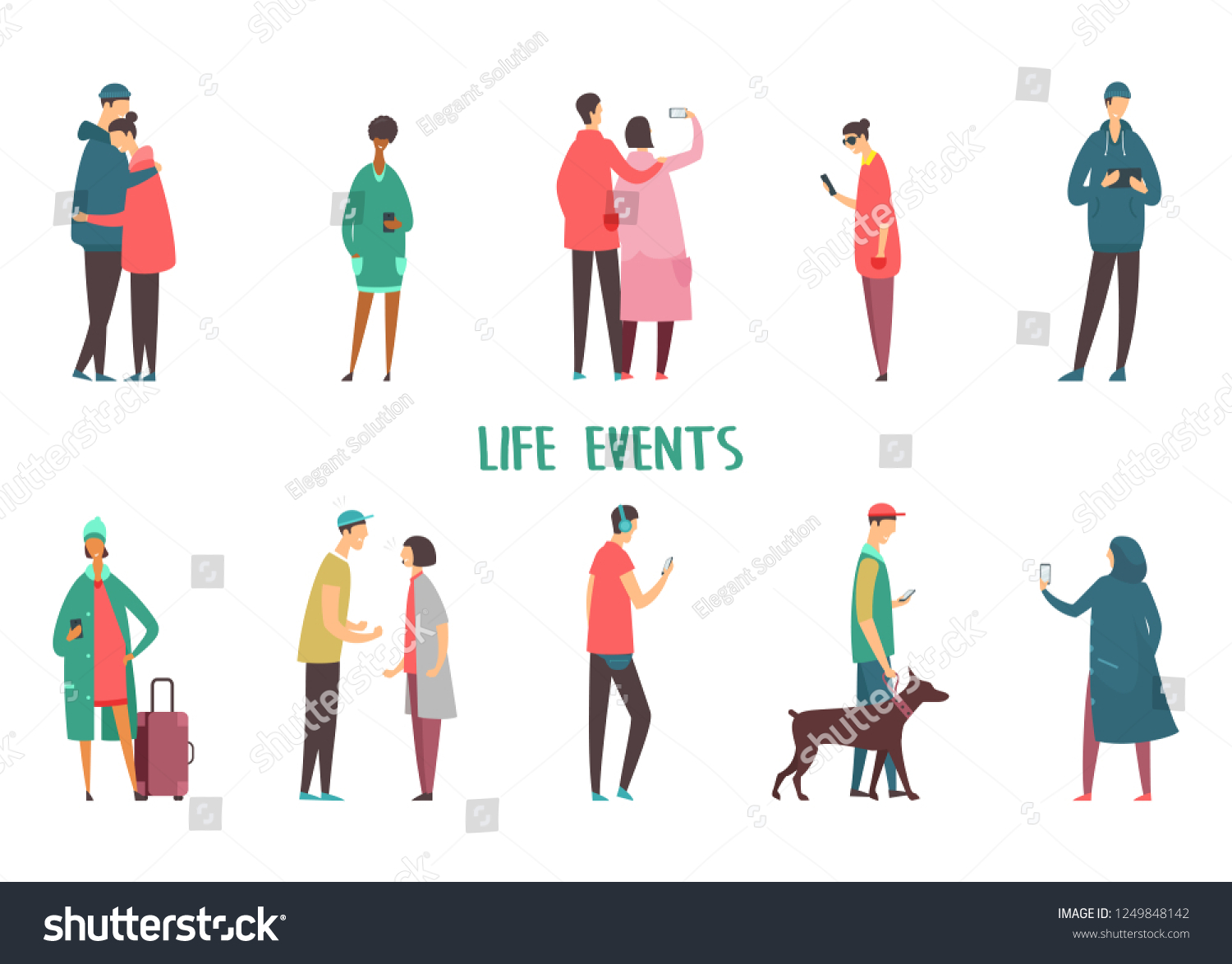 Set of isolated people icons at walk. Couple taking selfie and argue, hugging. Man walking with dog and with tablet, characters with smartphone, woman using phone for chatting. Life events, stroll #1249848142