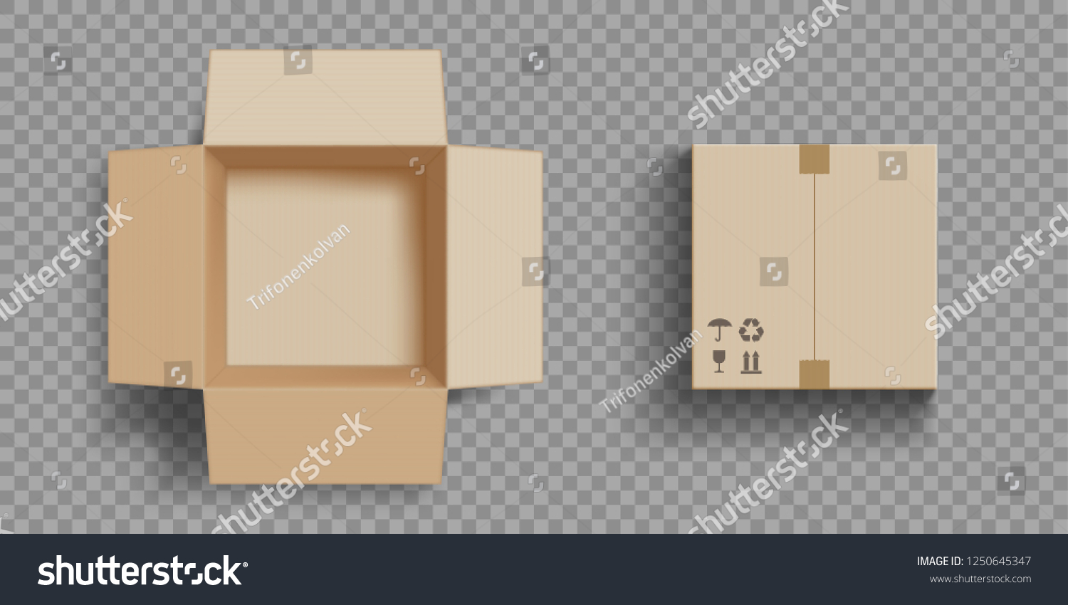 Empty open and closed cardboard box. Isolated on a transparent background. Vector illustration. #1250645347