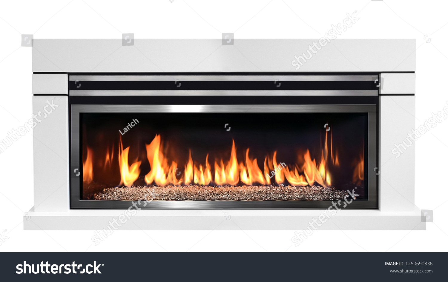 Burning gas fireplace isolated on white background. #1250690836