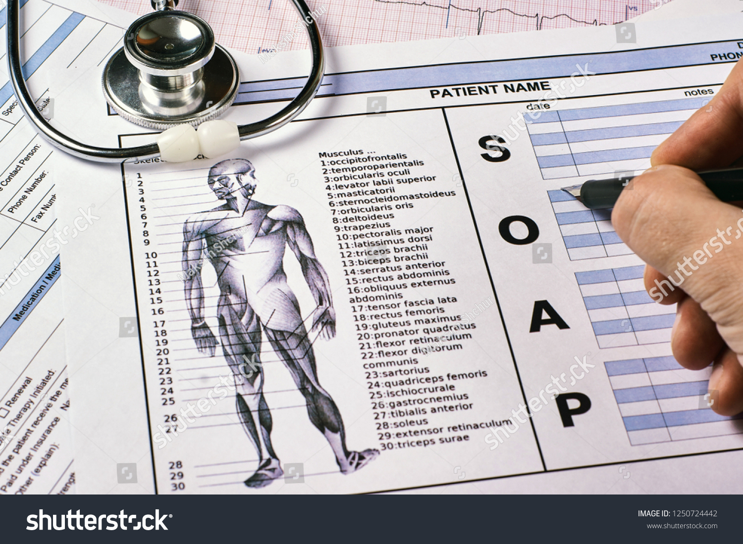 Human fill a Patient SOAP note sheet, stethoscope on corkwood background. Flat lay. #1250724442