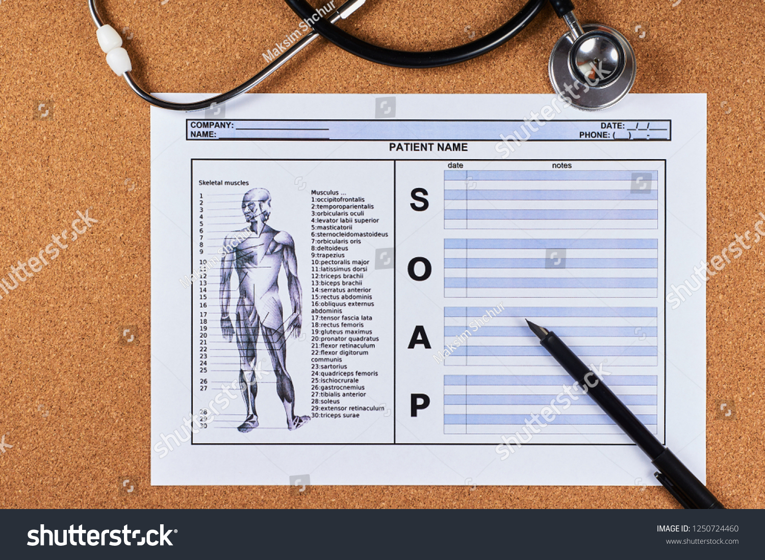 Patient SOAP note sheet, stethoscope and pen on corkwood background. Flat lay. #1250724460