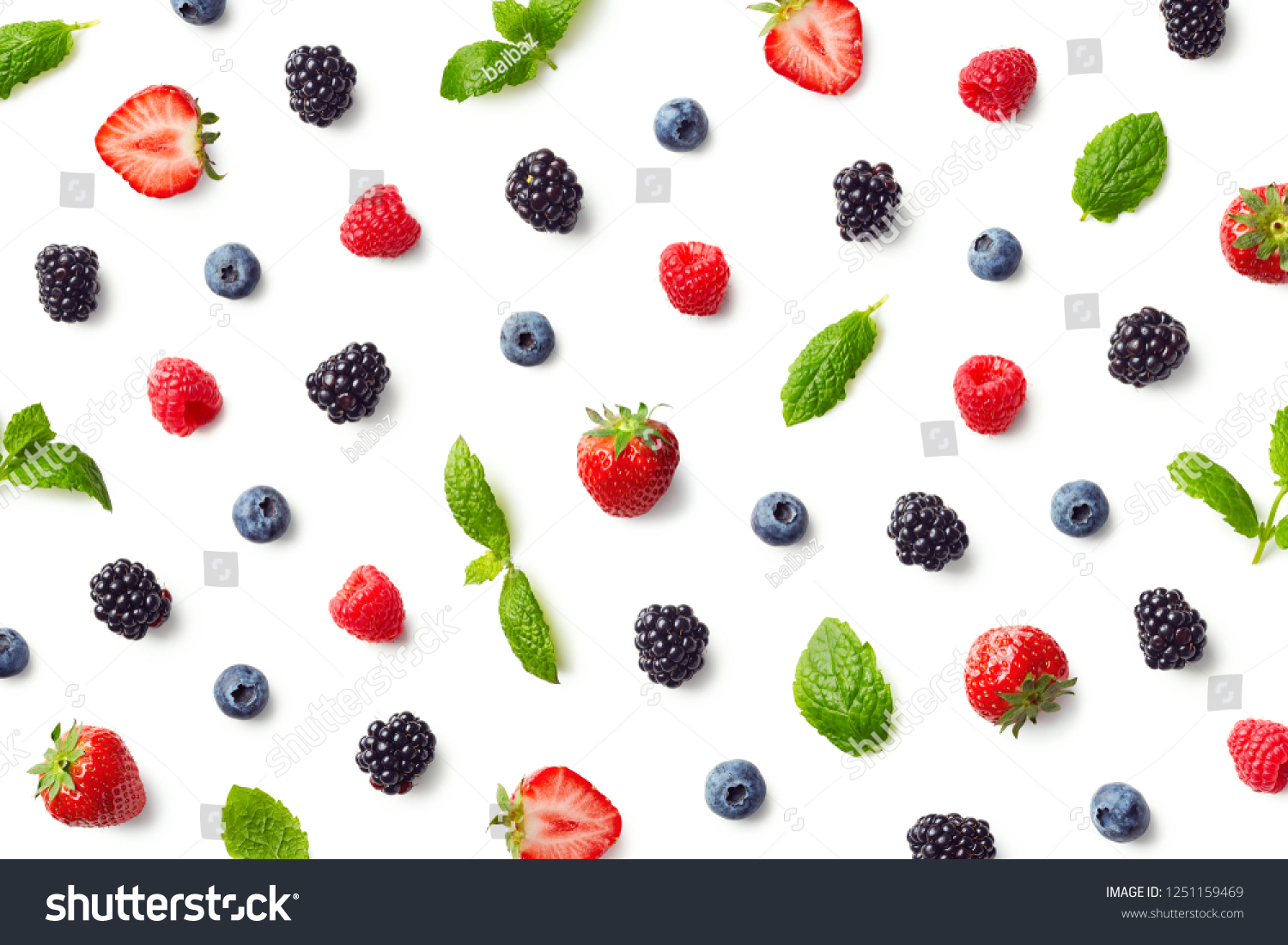Fruit pattern of colorful berries and mint leaves isolated on white background. Top view. Flat lay #1251159469