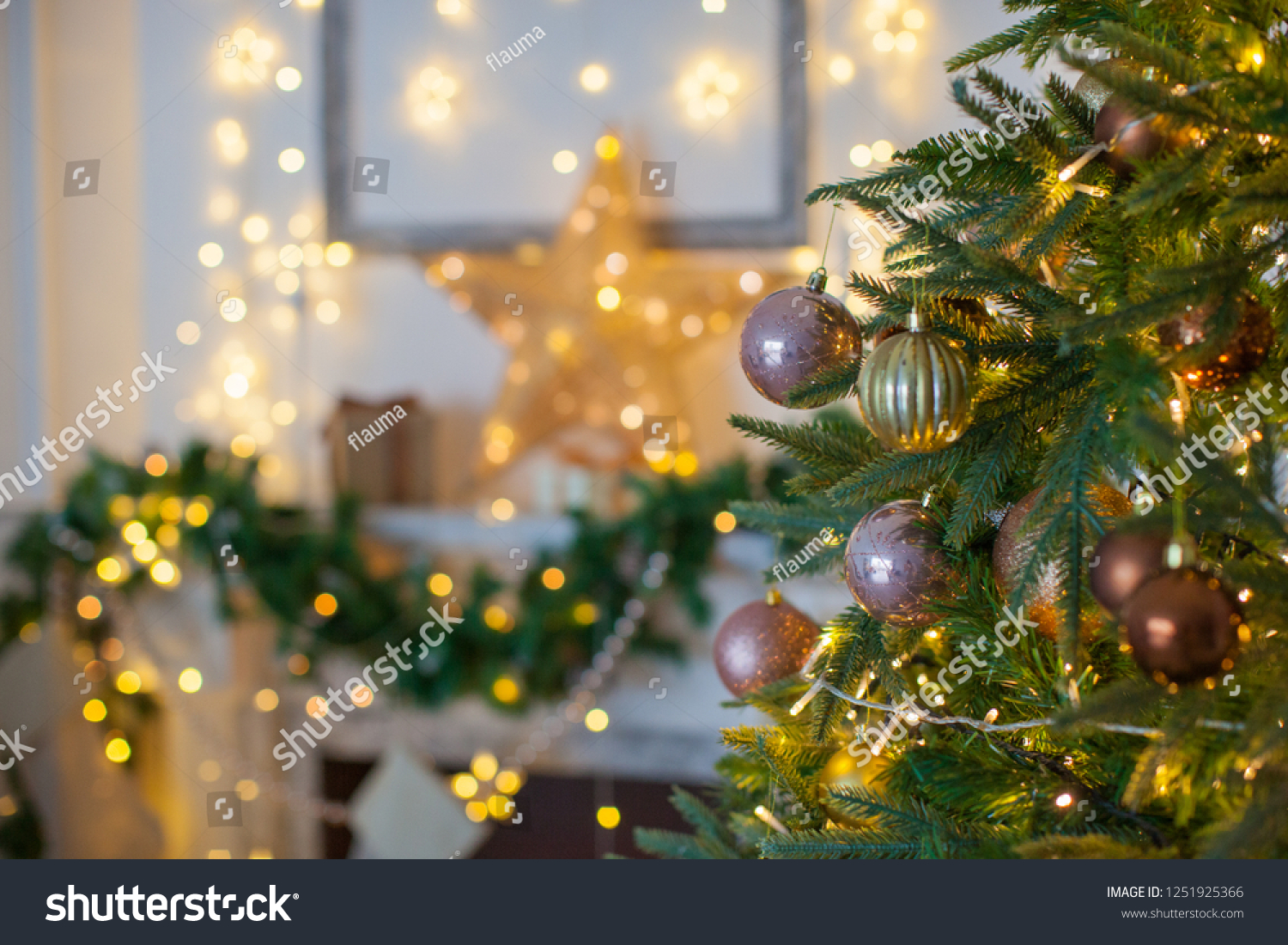 Christmas interior in classic color. Holiday decoration.  #1251925366