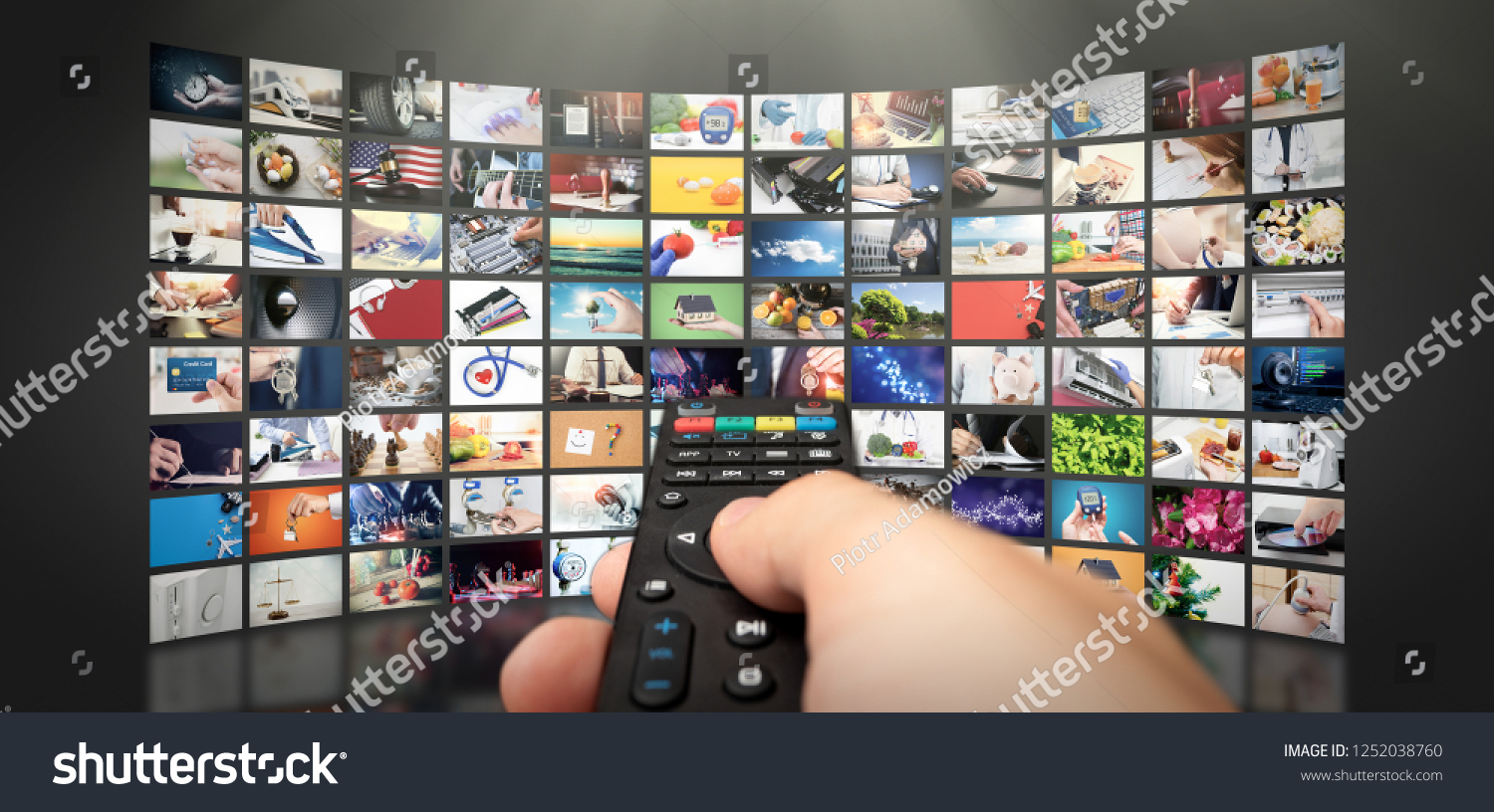 Television streaming video concept. Media TV video on demand technology. Video service with internet streaming multimedia shows, series. Digital collage wall of screen abstract composition #1252038760