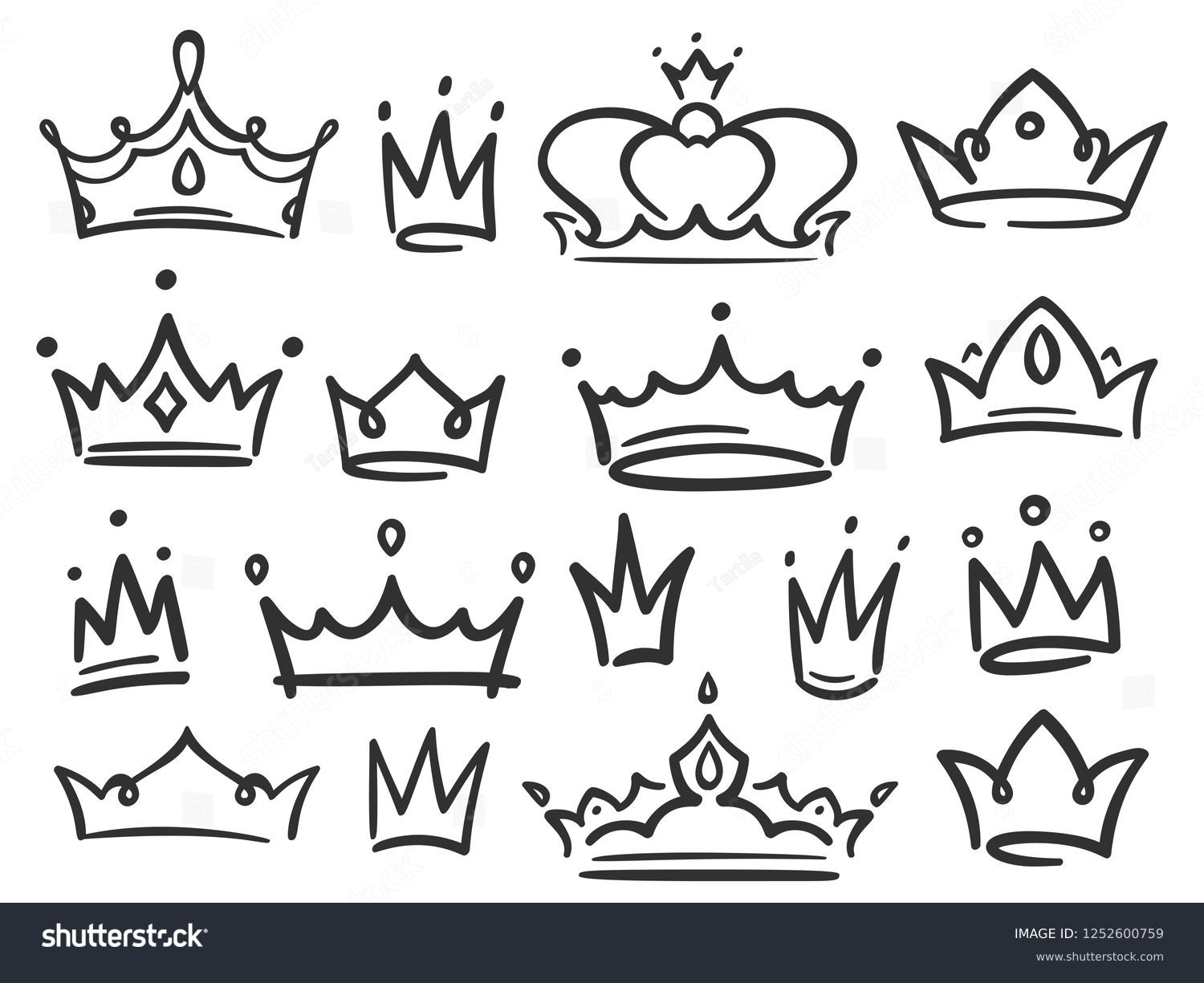 Sketch crown. Simple graffiti crowning, elegant queen or king crowns hand drawn. Royal imperial coronation symbols, monarch majestic jewel tiara isolated icons vector illustration set #1252600759