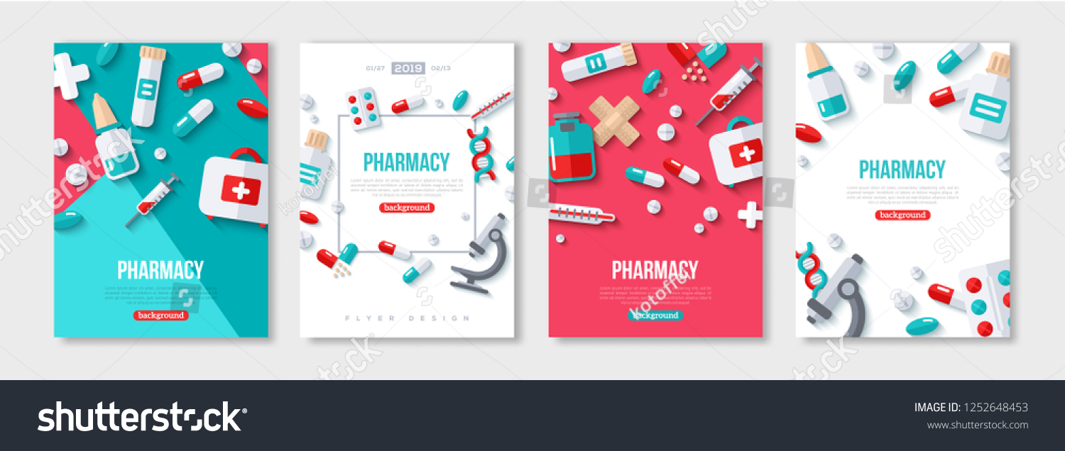 Pharmacy Posters Set With Flat Icons. Vector illustration for medical or healthcare presentation, document cover and layout template design. Drugs and Pills, Lab Tests, Medication Concept #1252648453