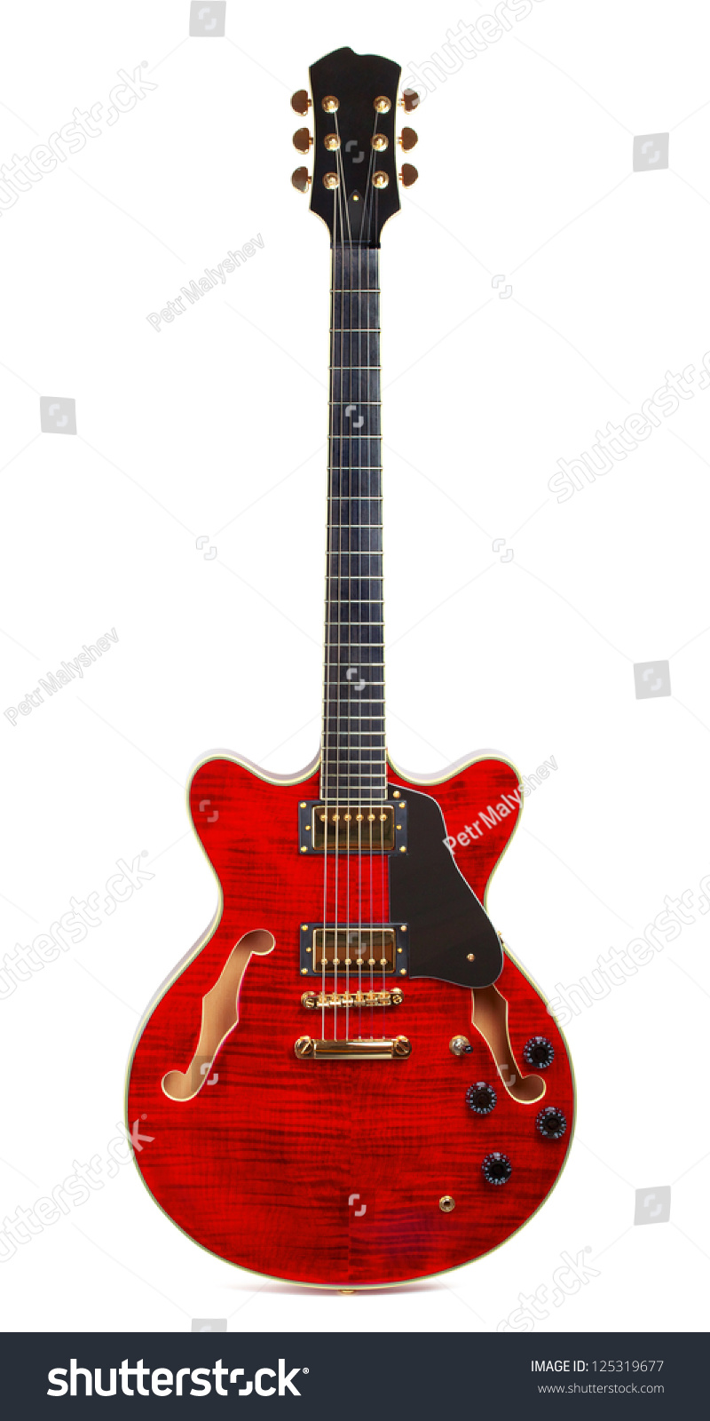red semi-hollow electric guitar isolated on white background #125319677