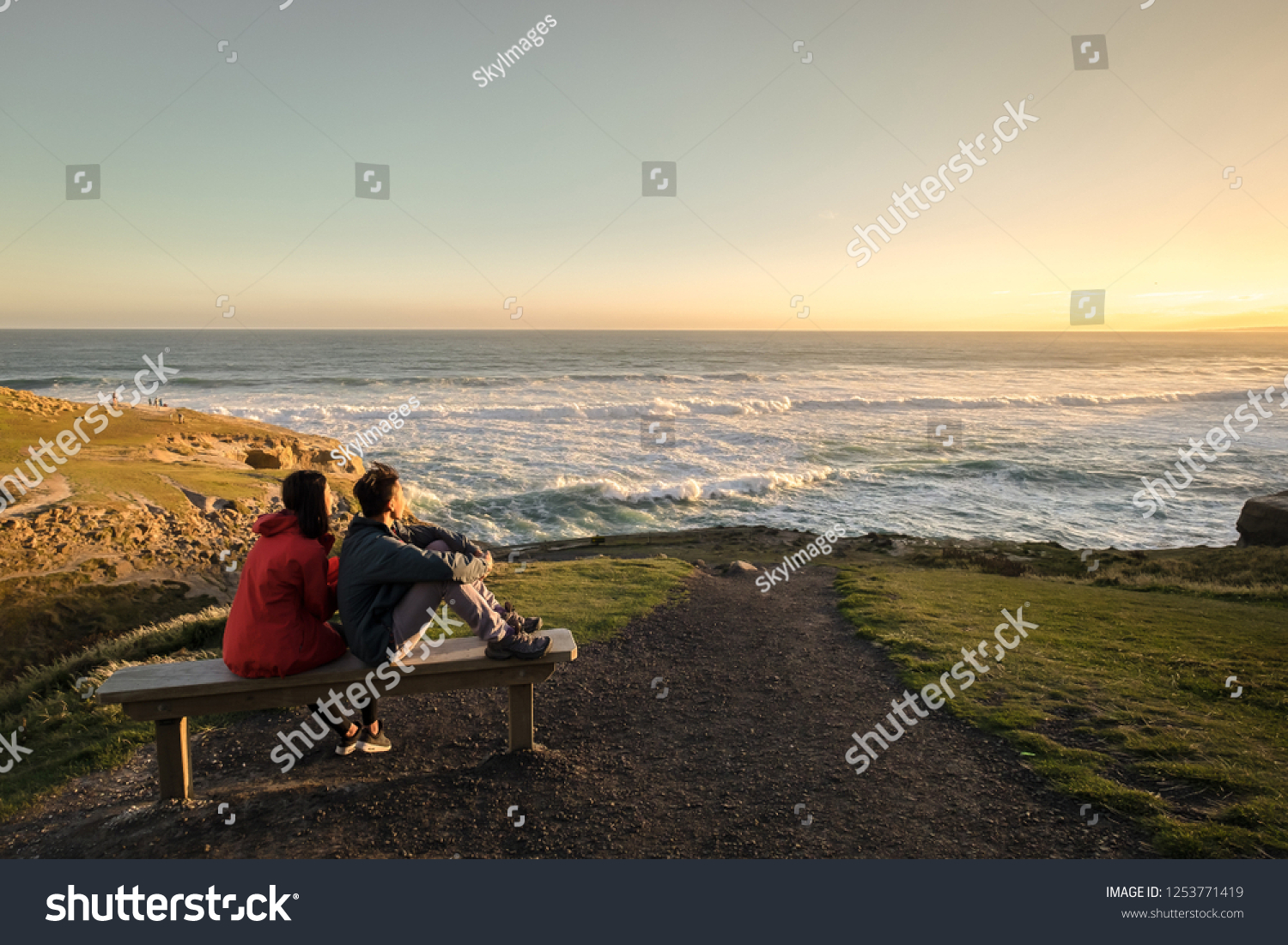Couple enjoys beautiful coastal scenery near Dunedin in New Zealand. Romantic couple goes on holiday. A pair of couple goes on honeymoon in natural landscape. Happiness image of a young couple. #1253771419