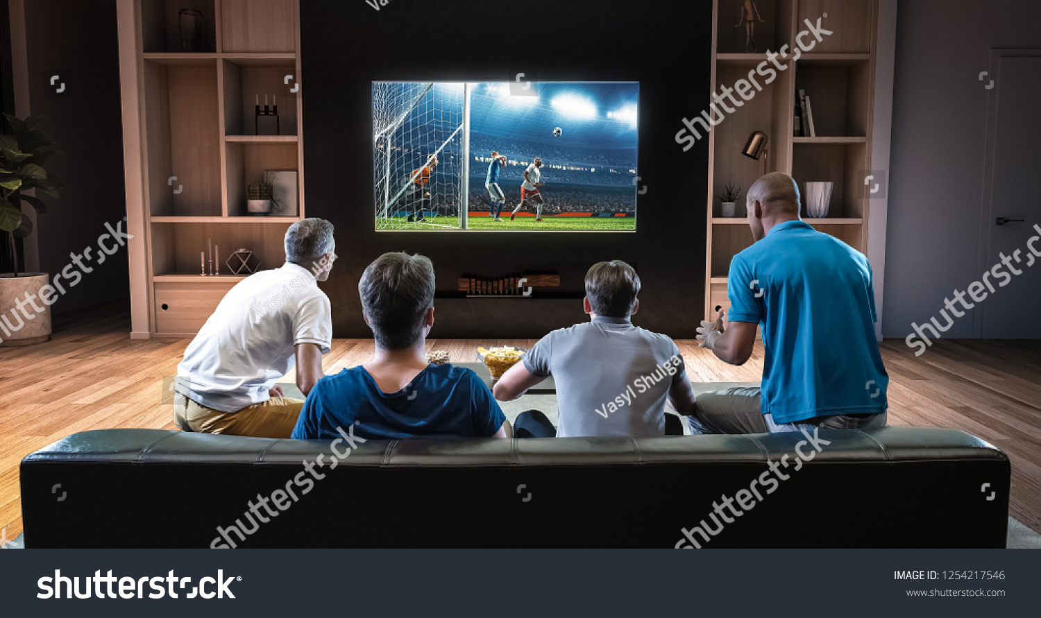 Group of students are watching a soccer moment on the TV and celebrating a goal, sitting on the couch in the living room. The living room is made in 3D. #1254217546