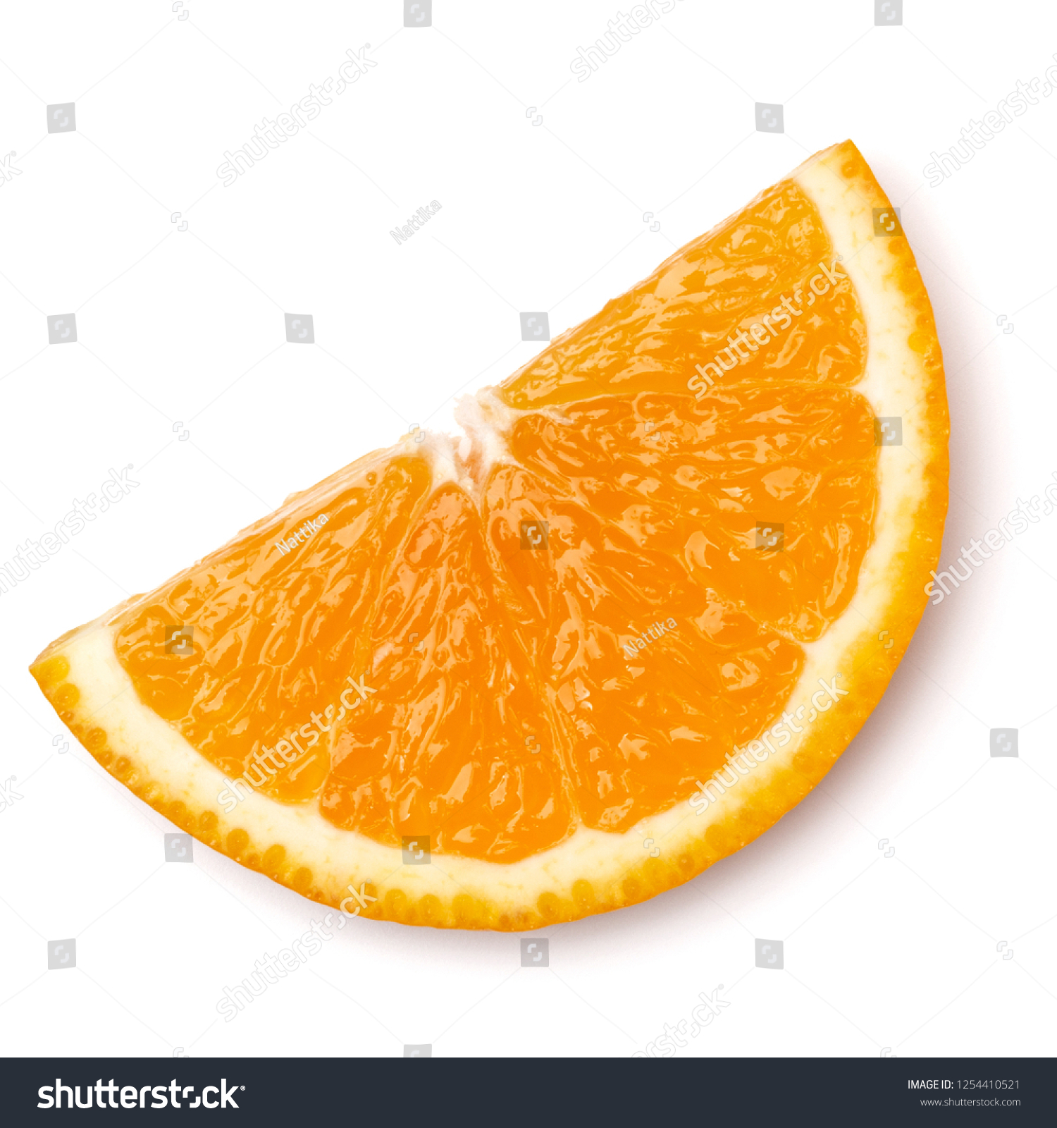 Orange fruit slice  isolated on white background closeup. Food background. Flat lay, top view. #1254410521