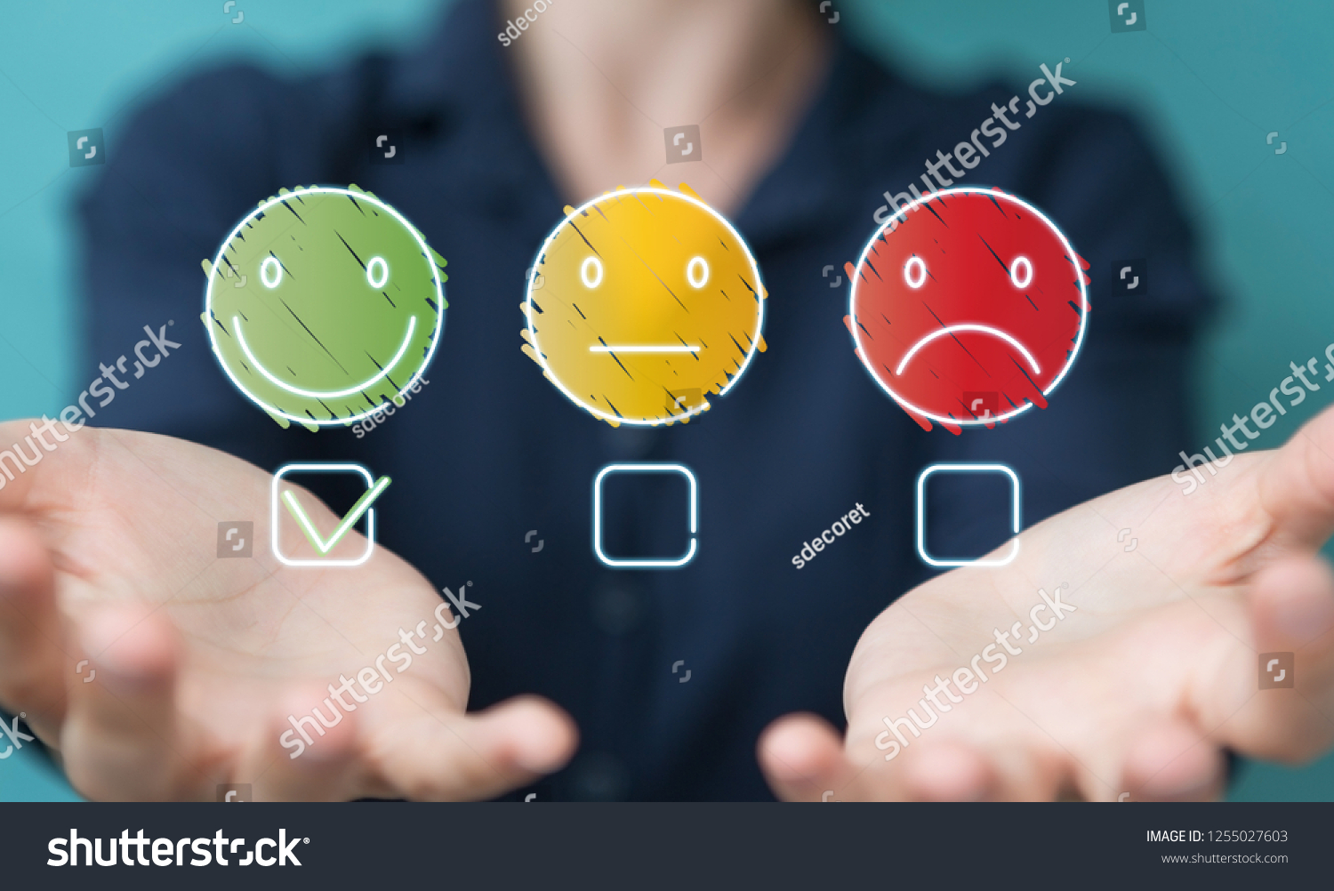Businesswoman on blurred background using thin line customer satisfaction rating #1255027603