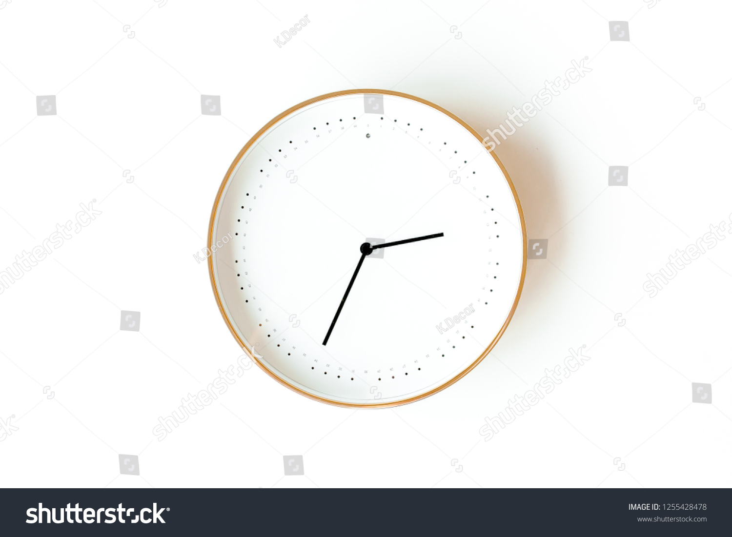 Round clock isolated on white background. Minimal concept. Flat lay. Top view. #1255428478