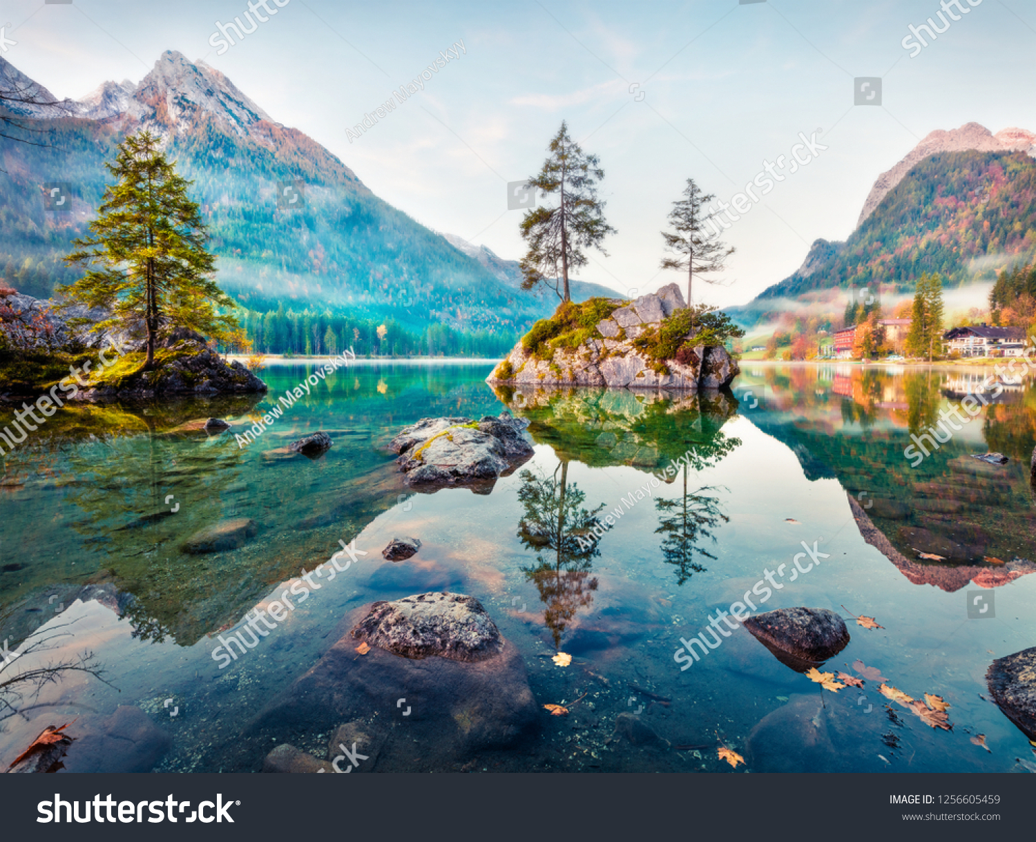 Dreamy autumn scene of Hintersee lake. Romantic morning view of Bavarian Alps on the Austrian border, Germany, Europe. Beauty of nature concept background. Orton Effect.
 #1256605459