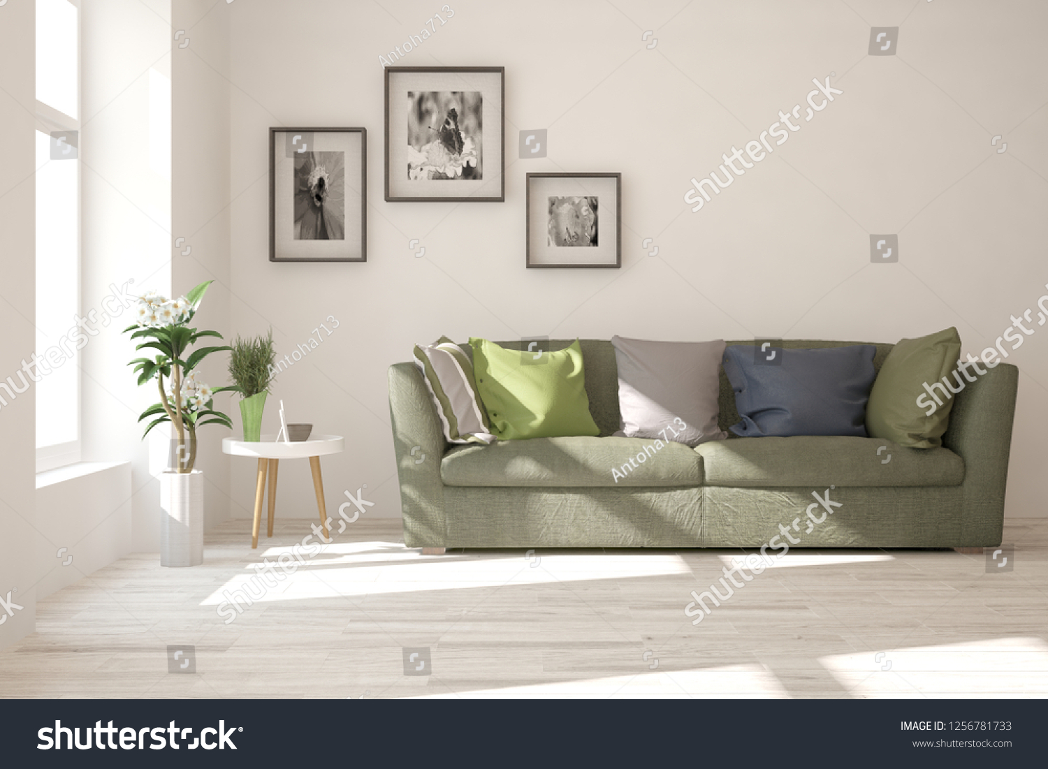 White modern room with sofa. Scandinavian interior design. 3D illustration #1256781733