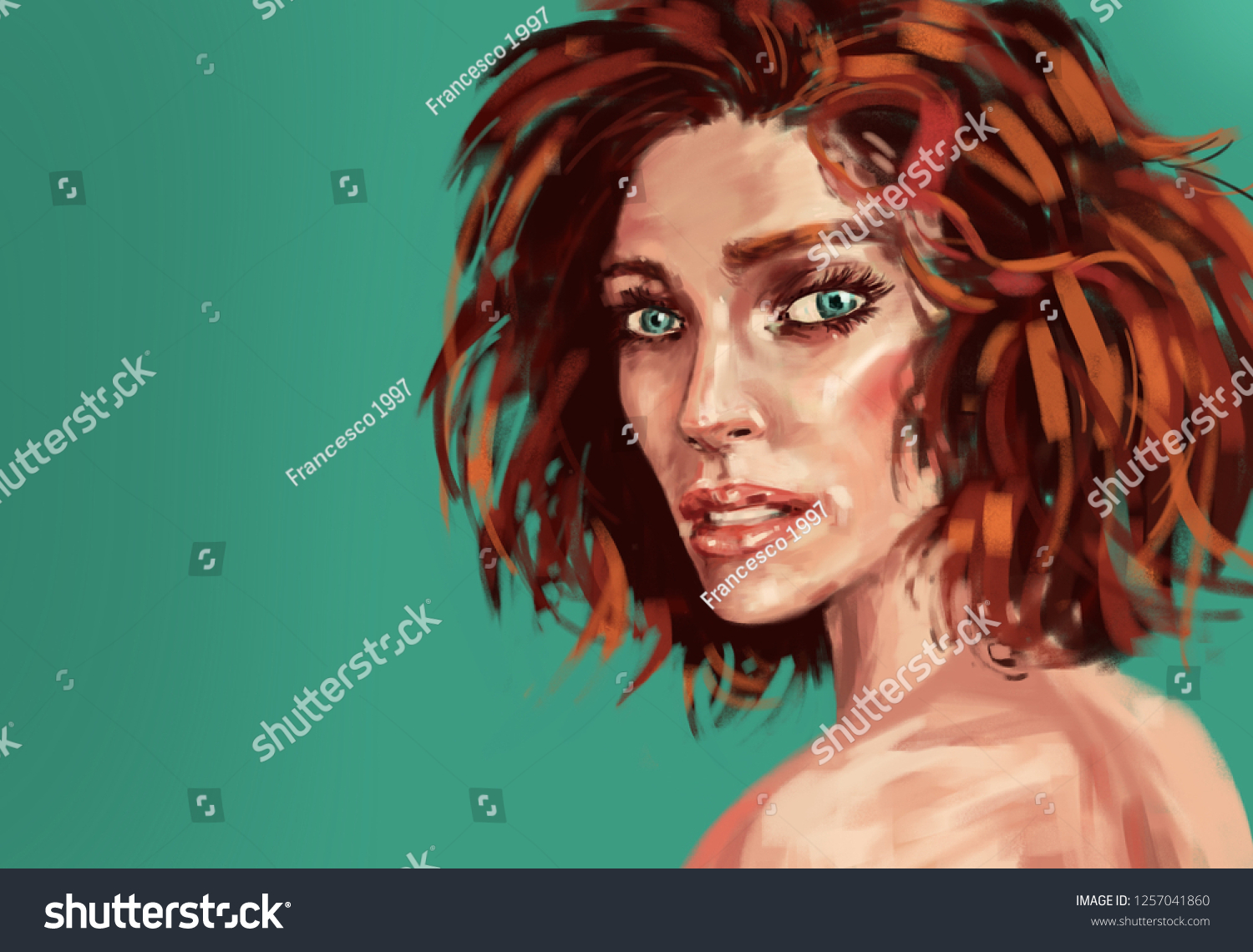 digital painting of a woman portrait, close up in the oil style on green background #1257041860