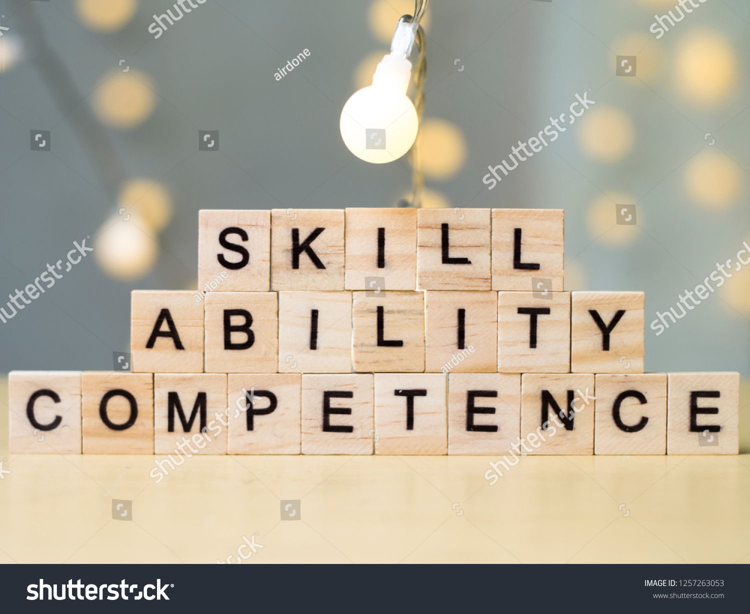 Skill Ability Competence. Motivational business words quotes, wooden lettering typography concept #1257263053