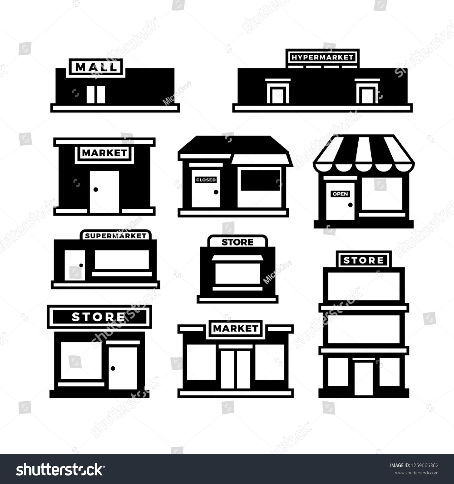 Mall and shop building icons. Shopping and retail pictograms. Supermarket, store exterior black symbols isolated #1259066362