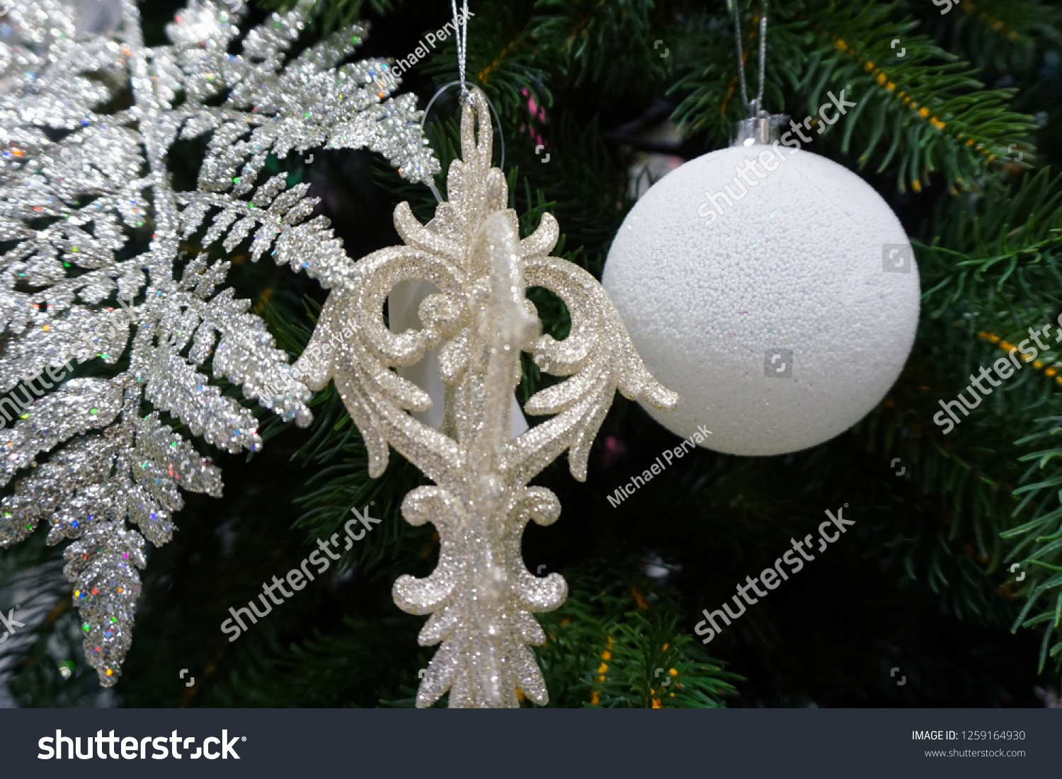  Christmas decoration. Christmas decoration background; Christmas tree and holidays ornament - Image                               #1259164930