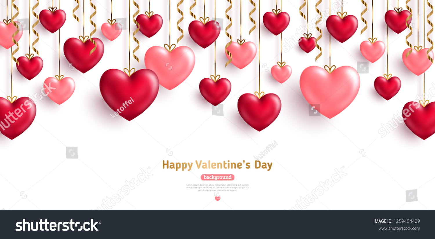 Happy Saint Valentine's day card, hanging pink and red hearts with gold streamers on white background. Place for text. #1259404429