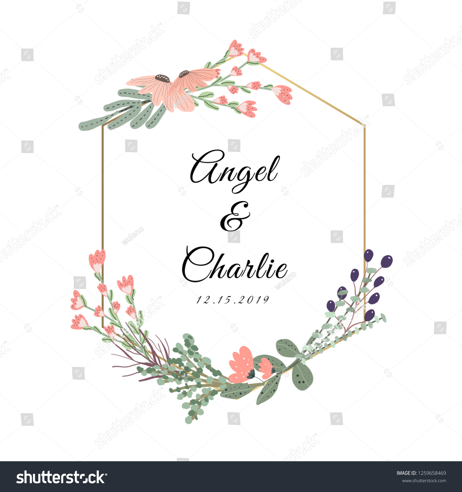 wedding badge with beautiful floral frame #1259658469