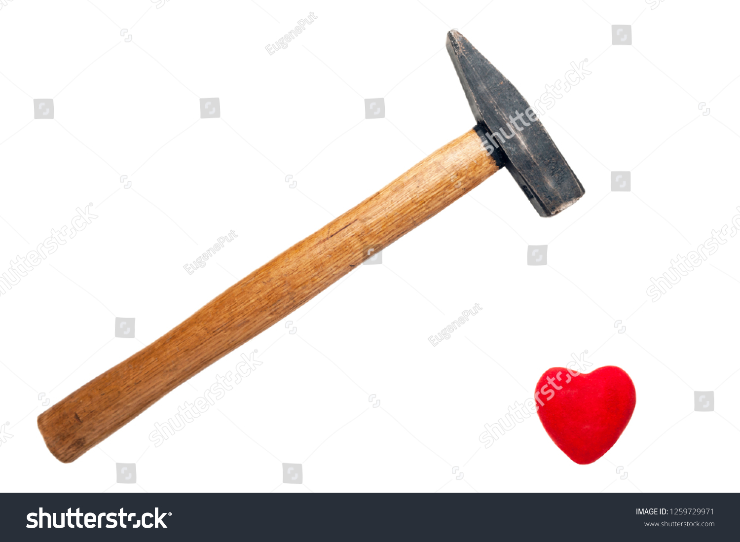 A Hammer with Wooden Handle Ready to Break, Crush Red Heart Isolated on White Background. Minimalist Healthcare, Heart attack risk, Relationship Breakup Symbol. Card, Message, Banner Design. #1259729971