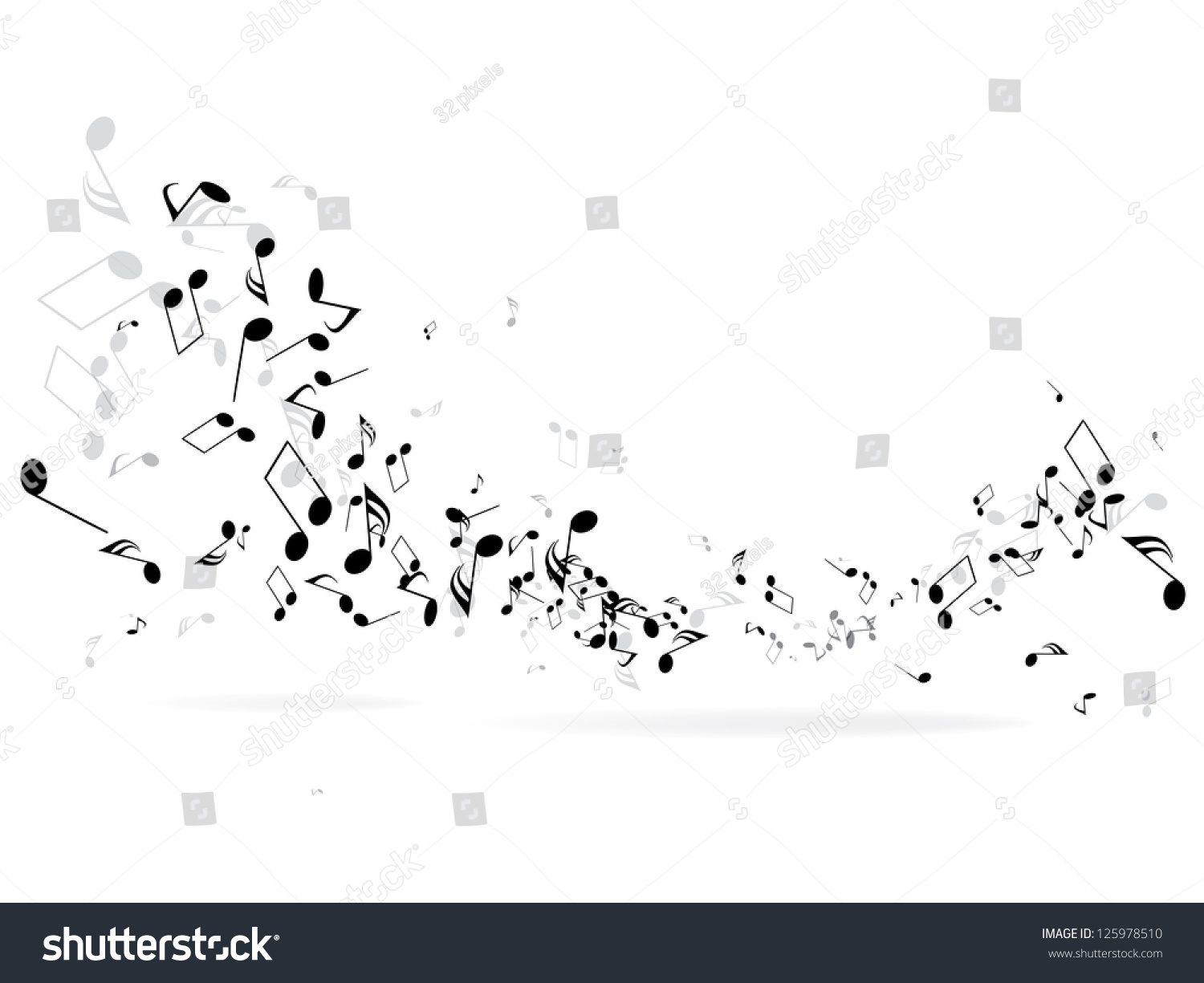 Music notes and shadow.Abstract musical background. Vector illustration.Mensural musical notation.Black notes symbols.Note value.Music staff. #125978510