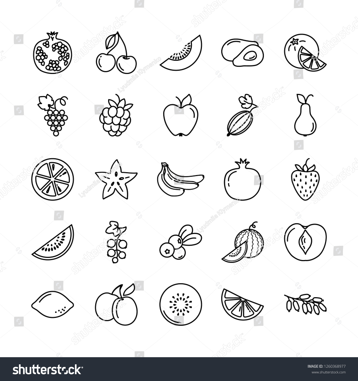 Set of fruits icons illustration background in isolated vector. Perfectly suitable for revision or use for printing in books, publishing on websites. #1260368977