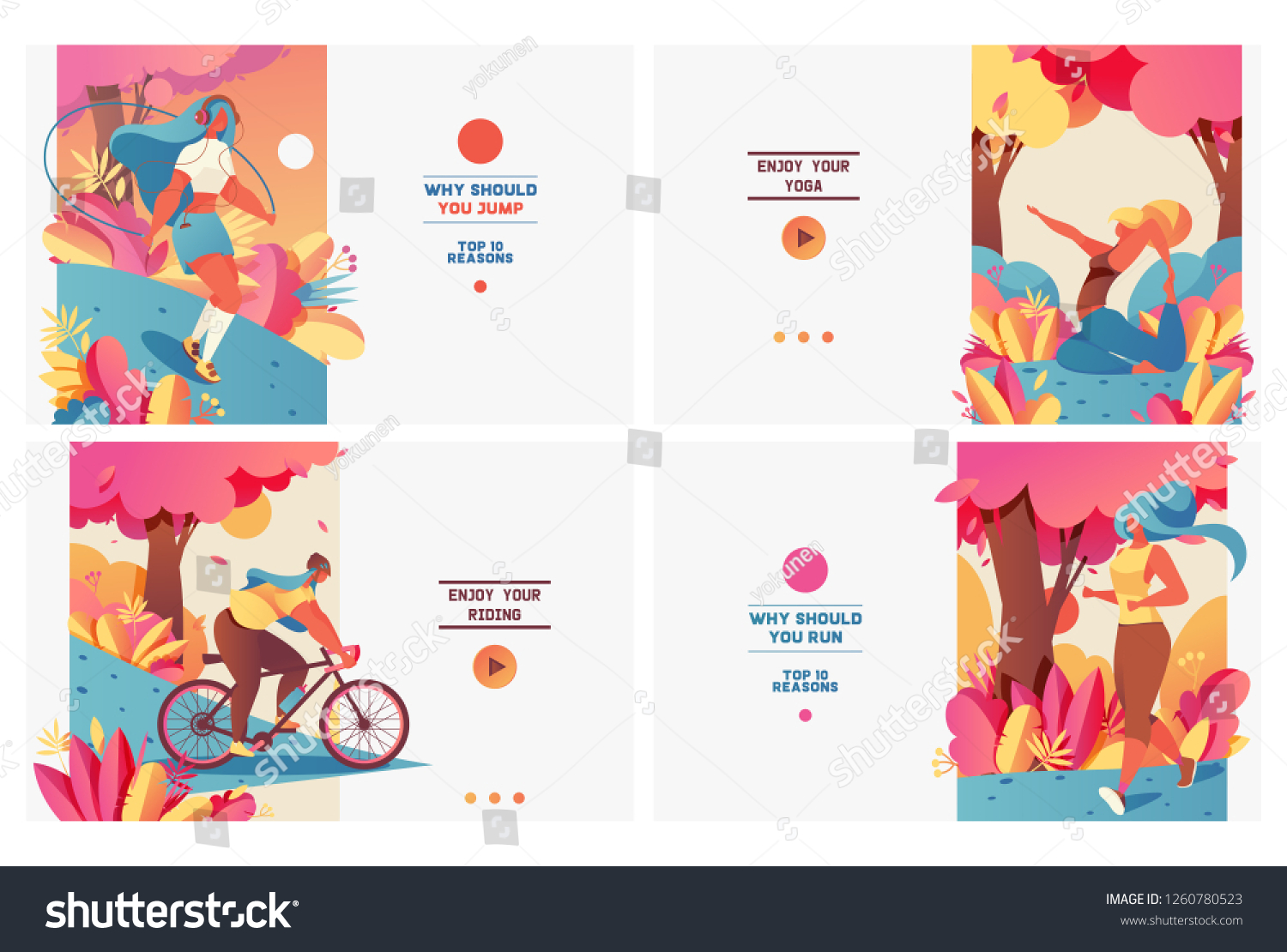 Set of pastel bright banners with sport girls in gradient flat style. Healthy and wellness lifestyle. Young people doing yoga, jogging, jumping with rope and riding bycicle. Design good for web  #1260780523
