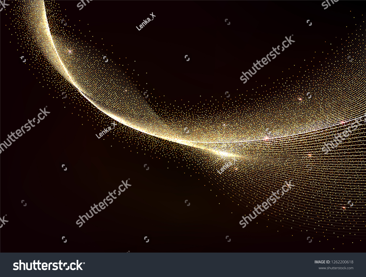 Golden Waves. Abstract gold Lines Design. Shiny moving strips design element with glitter effect on dark background for xmas christmas card. Vector Illustration #1262200618
