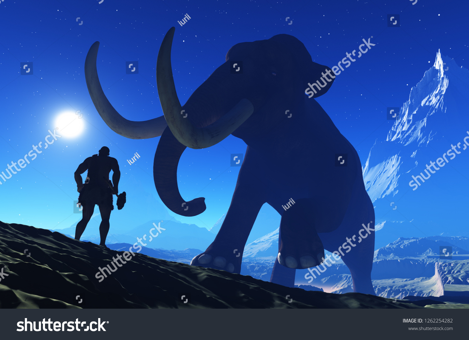 Mammoth and primitive man against a starry sky - Royalty Free Stock ...