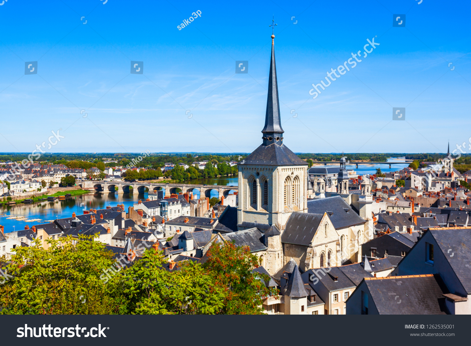 Saint Pierre church and Saumur city aerial panoramic view, Loire valley in France #1262535001