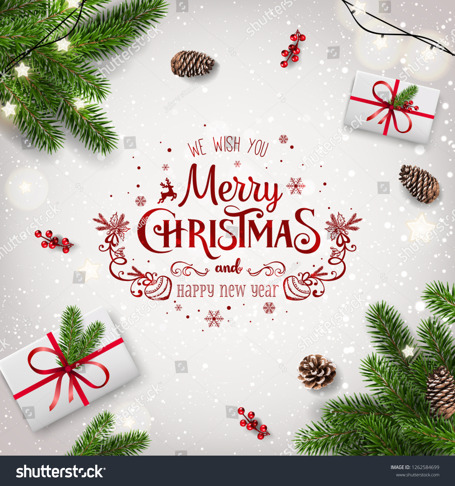 Red Christmas and New Year Typographical on white background with fir branches, gift boxes, pine cones, garland of stars. Xmas  and New Year theme. Vector Illustration #1262584699