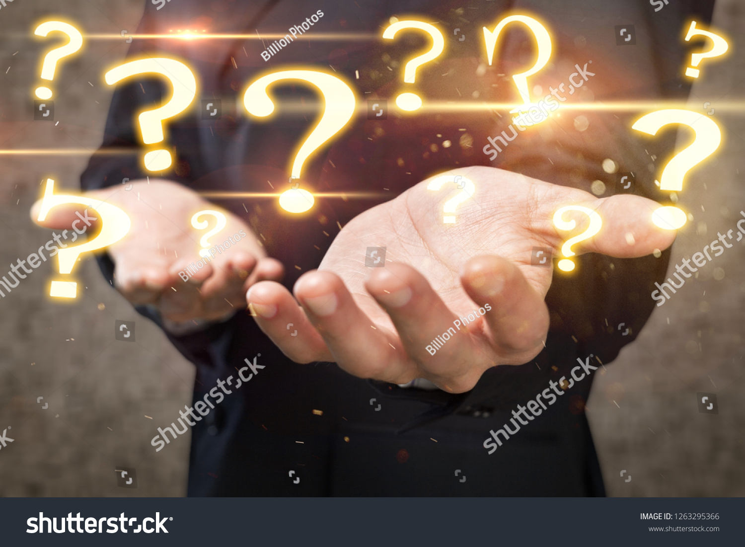 Question Marks with businessman on dark vintage background #1263295366