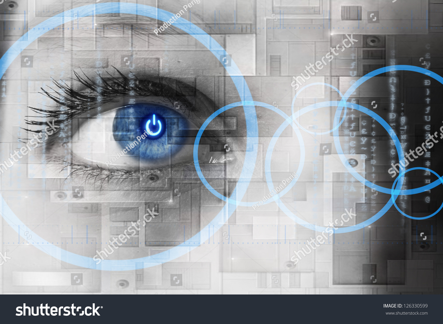 Human eye with power button reflection inside - technology concept #126330599