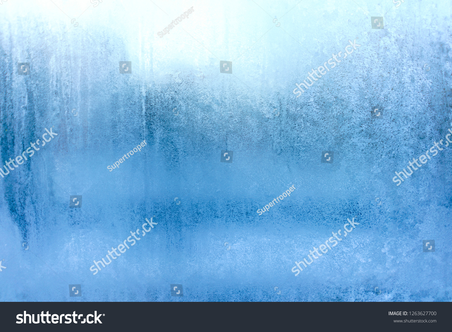 Blue Frost Background, Closeup Frozen Winter Window Pane Coated Shiny Icy Frost Patterns, Extreme North Low Temperature, Natural Ice Pattern on a Frosty Glass #1263627700