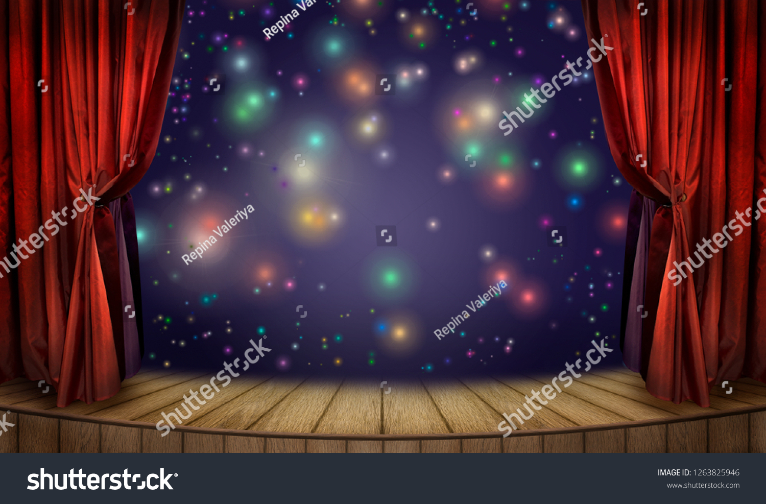 Theater stage with red curtains and spotlight and colorful glow confetti. Theatrical scene in the light of multicolored neon searchlights and glitters, interior of the old theater in festive evening. #1263825946