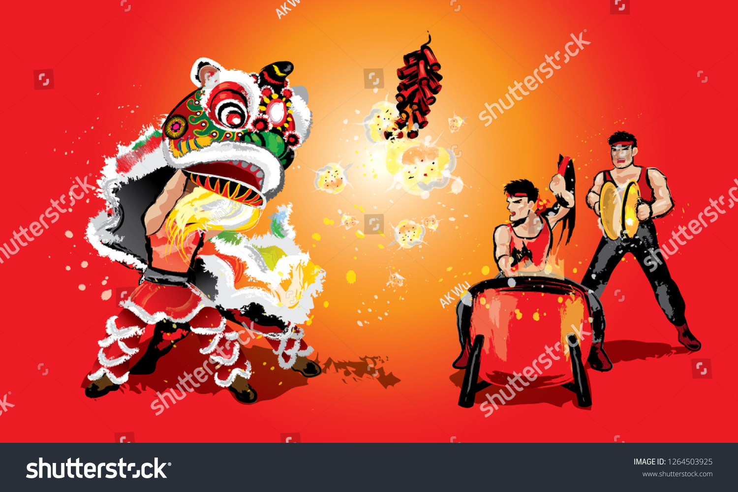 A Chinese lion raising it's head, firecrackers and a team playing drums and cymbal. In various colors and presented in splashing ink drawing style. Vector.  #1264503925